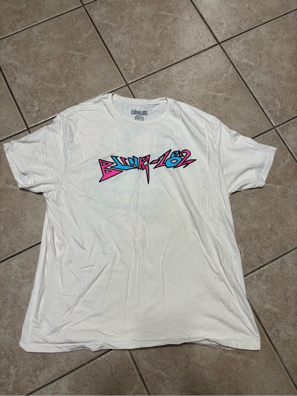blink-182 White Graphic Band Tee with Pink & Blue Logo